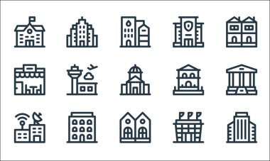 Kentsel yapı çizgisi simgeleri. Doğrusal küme. Kaliteli vektör çizgisi ofis binası, ikiz, radyo istasyonu, stadyum, blok, restoran, ev, polis karakolu, binalar gibi