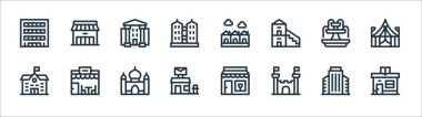 Kentsel yapı çizgisi simgeleri. Doğrusal küme. Kütüphane, kale, postane, okul, çeşme, müze, ev, depo gibi kalite vektör dizileri