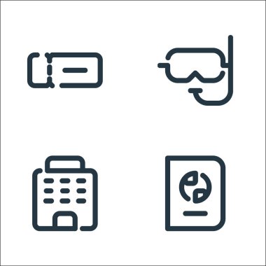 seyahat çizgisi simgeleri. Doğrusal küme. Pasaport, otel, şnorkel gibi kalite vektör çizgisi