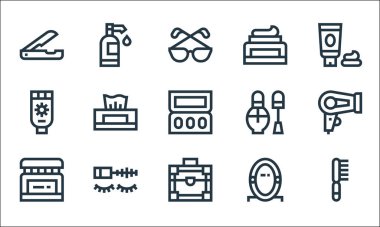 Güzellik çizgisi simgeleri. Doğrusal küme. Saç fırçası, makyaj kutusu, yüz kremi, ayna, rimel, güneş kremi, oje, yüz kremi, şampuan gibi kalite vektör dizileri