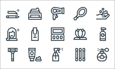 Güzellik çizgisi simgeleri. Doğrusal küme. Parfüm, sprey, jilet, pamuk tomurcuk, yüz kremi, güzellik, nilüfer, cep aynası, yüz kremi gibi kalite vektör dizileri