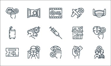 Koronavirüs önleme çizgisi simgeleri. Doğrusal küme. Sosyal gibi kalite vektör çizgisi, dokunmayın, takviye etmeyin, el dezenfektanı, öksürük, taşınabilir, evde kalın, seyahat etmeyin, pencere