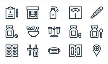 Eczane çizgisi simgeleri. Doğrusal küme. Eczane, tıbbi maske, kapsüller, fitil, kulak damlası, haplar, kapsüller, ağırlık, pamuk tomurcukları gibi kalite vektör dizileri