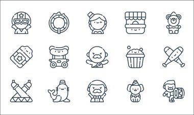 Sirk çizgisi simgeleri. Doğrusal küme. Davul, sihirbaz, sahne, köpek, fok, sirk, patlamış mısır, bilet ofisi, ateş çemberi gibi kalite vektör dizileri