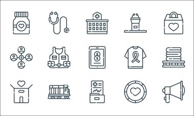 Yardım hattı simgeleri. Doğrusal küme. Hoparlör, rapor, bağış, kamyonet, bağış, bağış, tişört, konuşma, steteskop gibi kalite vektör dizisi