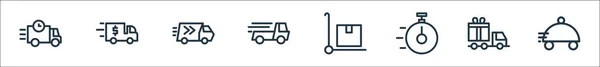 配送ラインのアイコン 直線セット ファーストフード トラック 時間通り パッケージ トラック トラックなどの品質ベクトルラインセット — ストックベクタ