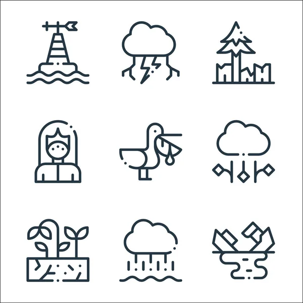 Symbole Für Den Klimawandel Lineares Set Qualitätsvektorleitungssatz Wie Ölpest Regen — Stockvektor