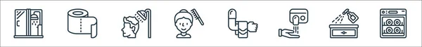 衛生線のアイコン 直線セット 食器洗浄機 スプレーボトル ハンドドライヤー タオル ヘア櫛 トイレロールなどの品質ベクトルラインセット — ストックベクタ