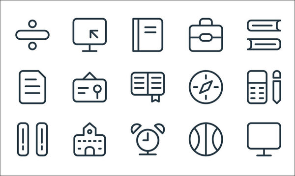 school education line icons. linear set. quality vector line set such as display, alarm clock, folders, ball, building, document, compass, school bag, computer
