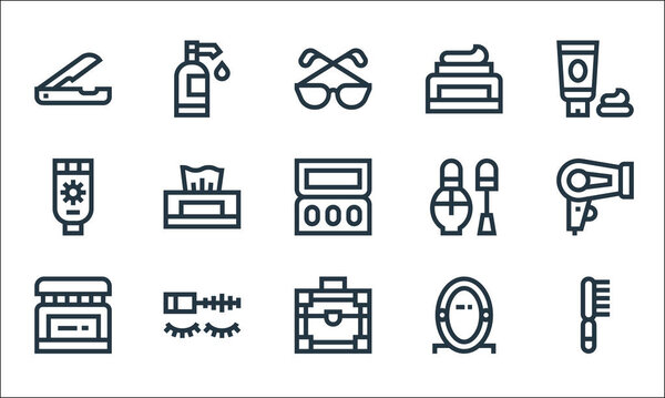 beauty line icons. linear set. quality vector line set such as hairbrush, make up box, face cream, mirror, mascara, sunscreen, nail polish, face cream, shampoo