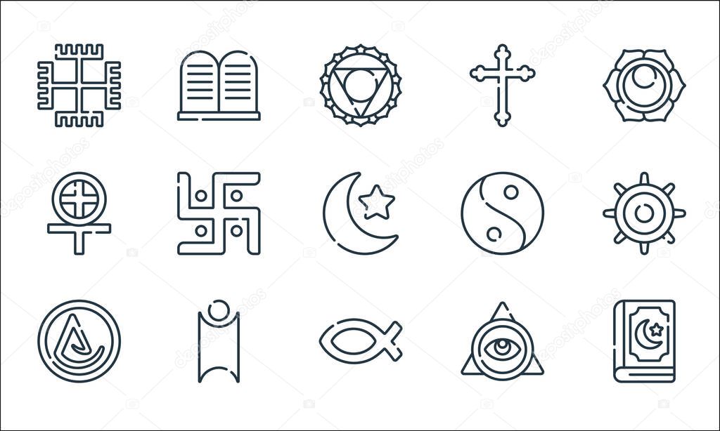 spiritual symbols line icons. linear set. quality vector line set such as quran, christianity, asceticism, cao dai, humanism, paganism, taoism, cross, commandements