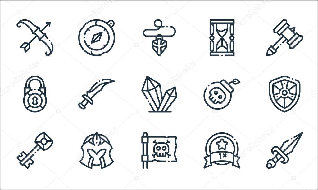 videogame elements line icons. linear set. quality vector line set such as knife, pirate flag, key, bonus, helmet, locked, bomb, hourglass, compass