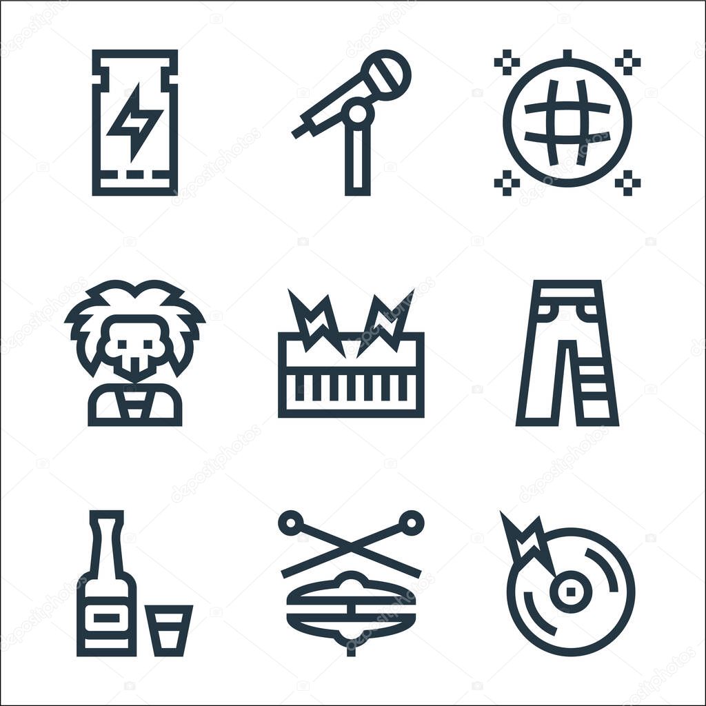 rock and roll line icons. linear set. quality vector line set such as cd, hi hat, whiskey, trousers, keyboard, skull, disco ball, microphone