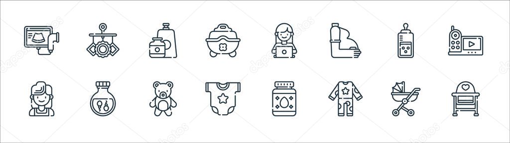 maternity line icons. linear set. quality vector line set such as baby chair, pajamas, onesie, mother, feeding bottle, baby food, working mother, crib toy