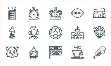 İngiltere hat simgeleri. Doğrusal küme. Kriket, Birleşik Krallık, tilki, çay, büyük Ben, sokak lambaları, kale, rugby, cep saati gibi kalite vektör dizileri
