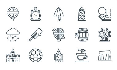 İngiltere hat simgeleri. Doğrusal küme. Stonehenge, Big Ben, kale, çay, futbol, yağmurlu, fıçı, cep saati gibi kalite vektör dizileri
