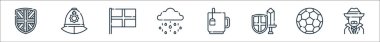 İngiltere hat simgeleri. Doğrusal küme. Dedektif, futbol, savaşçı, çay, yağmurlu, İngiltere, polis şapkası gibi kalite vektör çizgisi