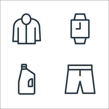 Moda çizgisi simgeleri. Doğrusal küme. Pantolon, deterjan, saat gibi kalite vektör çizgisi