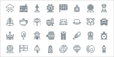 İngiltere hat simgeleri. Doğrusal küme. Sokak lambaları, yeraltı, İngiltere, pound, dedektif, taksi, stonehenge, çaydanlık gibi kalite vektör çizgisi