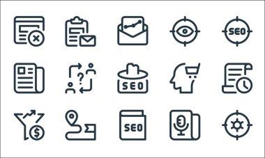 Web uygulamaları seo line simgeleri. Doğrusal küme. Ayarlama, kılavuz, filtre, mikrofon, navigasyon, haber, baş, göz, pano gibi kalite vektör dizileri