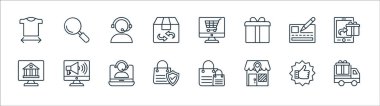 Alışveriş çizgisi simgeleri. Doğrusal küme. Teslimat kamyonu, ekommerce, güvenli alışveriş, internet bankacılığı, banka çeki, müşteri desteği, çevrimiçi alışveriş, büyüteç gibi kalite vektör dizileri