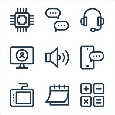 Dijital pazarlama çizgisi simgeleri. Doğrusal küme. Hesap makinesi, takvim, grafik tableti, sohbet, ses, bilgisayar, sohbet gibi kalite vektör satırı kümesi