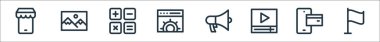 Dijital pazarlama çizgisi simgeleri. Doğrusal küme. Bayrak, mobil ödeme, video oynatıcı, megafon, web ayarları, hesap makinesi, manzara gibi kalite vektör dizileri
