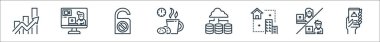 ev çizgisi simgeleri. Doğrusal küme. Gıda dağıtımı, ağ, ofis, bulut sunucu, kahve molası gibi kalite vektör dizileri, rahatsız etmeyin, video çağrısı