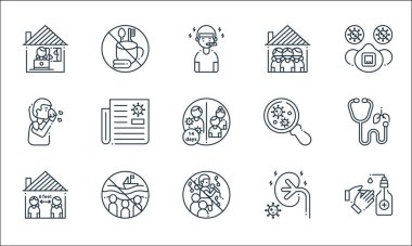 Koronavirüs çizgisi simgeleri. Doğrusal küme. El yıkama, partiler, mesafe, böbrek, kalabalık, hapşırma, büyüteç gibi kalite vektör çizgisi seti, evde kal, eşyalar