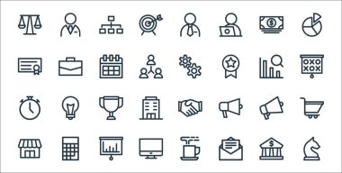 İş dünyası simgeleri. Doğrusal küme. At, mektup, bilgisayar, pazar, promosyon, kupa, strateji, ilerleme, bavul gibi kalite vektör satırı