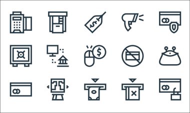 Ödeme çizgisi simgeleri. Doğrusal küme. Kalite vektör çizgisi: güvenli ödeme, ATM, Cit kart, Cit kart yok, online alışveriş, güvenli kutu, barkod tarayıcı yok, ATM