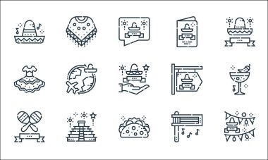 Cinco de mayonez çizgisi simgeleri. Doğrusal küme. Çelenk, taco, marakas, matraca, meksika, Meksika, broşür, panço gibi kalite vektör çizgileri