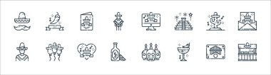 Cinco de mayonez çizgisi simgeleri. Doğrusal küme. Meksika, kokteyl, tekila, Meksika, kaktüs, broşür, web sitesi, baharat gibi kalite vektör dizileri