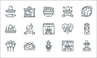 Cinco de mayonez çizgisi simgeleri. Doğrusal küme. Meksika, Meksika, Meksika, balon, web sitesi, taco, Meksika şapkası, kalp, Meksika, mağaza gibi kalite vektör dizileri