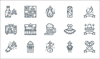 Cinco de mayonez çizgisi simgeleri. Doğrusal küme. Marakas, gitar, cinco de mayonez, meksikalı adam, tamale, cinco de mayonez, Meksika, fajitas gibi kalite vektör dizileri