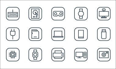 Donanım ve alet hattı simgeleri. Doğrusal küme. Kamera, yazıcı, işlemci, masaüstü bilgisayarı, akıllı saat, güç kablosu, akıllı telefon, iwatch, sabit disk gibi kalite vektör dizileri