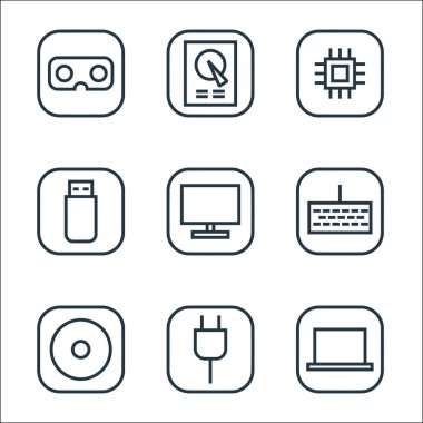 Donanım ve alet hattı simgeleri. Doğrusal küme. Laptop, güç kablosu, cd 'ler, bilgisayar klavyesi, TV monitörü, usb sürücüsü, işlemci, sabit disk gibi kalite vektör dizileri