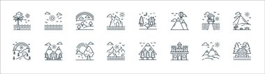 Doğa ve peyzaj çizgisi simgeleri. Doğrusal küme. Ev, kale, dağlar, gökkuşağı, bungalov, gökkuşağı, kır evi, plaj gibi kalite vektör çizgisi