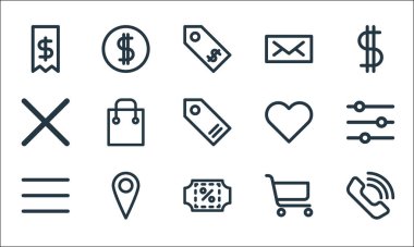 ecommerce başlatıcı paket hattı simgeleri. Doğrusal küme. Telefon görüşmesi, indirim, menü, el arabası, etiket, yanlış, favori, posta, bozuk para gibi kalite vektör dizileri
