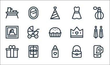 Anneler günü sembolleri. Doğrusal küme. Aşk, beslenme şişesi, hediye, el çantası, kitap, fotoğraf, taç, elbise, ayna gibi kalite vektör dizileri