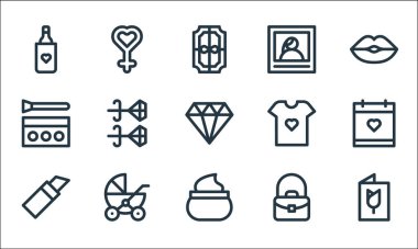 Anneler günü sembolleri. Doğrusal küme. Posta, yüz kremi, ruj, el çantası, bebek arabası, makyaj seti, gömlek, fotoğraf, kadın gibi kalite vektör dizileri