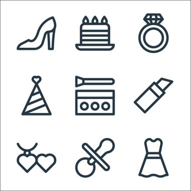 Anneler günü sembolleri. Doğrusal küme. Kaliteli vektör çizgisi, elbise, emzik, kolye, ruj, makyaj seti, parti şapkası, elmas yüzük, pasta gibi.