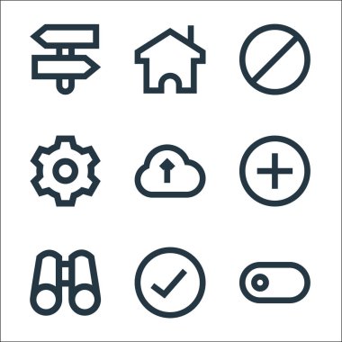 kullanıcı arayüzü satır simgeleri. Doğrusal küme. kalite vektör çizgisi seti örneğin geçiş, onaylama, dürbün, ekleme, gönderme, ayarlar, blok, ev