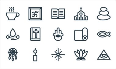 ruhani çizgi simgeleri. Doğrusal küme. Kaliteli vektör çizgisi: Tanrı, kutsal, düş kapanı, lotus, furin, yağmur damlası, yoga minderi, kilise, hinduizm