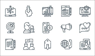 Pazarlama çizgisi simgeleri. Doğrusal küme. ecommerce, uce, article, global communication, discussion, target, marketing, report, public