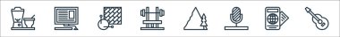 hobiler çizgisi simgeleri. Doğrusal küme. Gitar, seyahat, mikrofon, yürüyüş, vücut geliştirme, örgü, blog yazma gibi kalite vektör dizileri