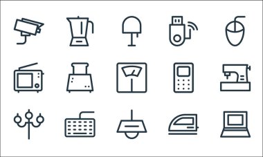 Elektronik hat simgeleri. Doğrusal küme. Dizüstü bilgisayar, tavan lambası, tavan lambası, elektrikli ütü, klavye, radyo, telefon, usb sürücüsü, blender gibi kalite vektör dizileri