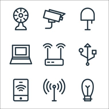 Elektronik hat simgeleri. Doğrusal küme. Ampul, anten, akıllı telefon, veri kablosu, kablosuz yönlendirici, dizüstü bilgisayar, masa lambası, cctv gibi kalite vektör dizileri