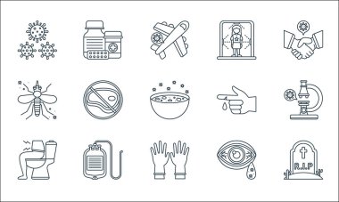Virüs iletim hattı simgeleri. Doğrusal küme. Mezar, eldiven, tuvalet, göz, kan torbası, sivrisinek, yara, dezenfektan, uyuşturucu gibi kalite vektör çizgisi