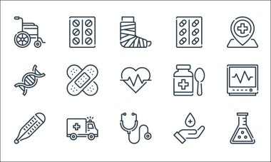 Tıbbi hat simgeleri. Doğrusal küme. Kaliteli vektör dizisi örneğin matara, steteskop, termometre, kan bağışı, ambulans, DNA, şurup, hap, tablet